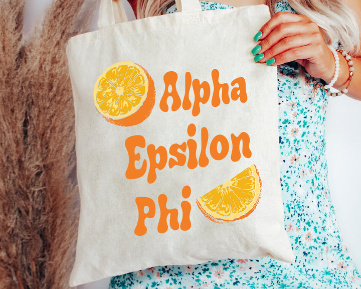 Alpha Epsilon Phi Oranges Sorority Tote Bag | AEPHI Canvas Tote Bag | Sorority Merch | Big Little Sorority Gift | College Beach Bag _ 16226g