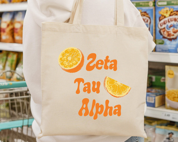 Zeta Tau Alpha Oranges Sorority Tote Bag | ZETA Canvas Tote Bag | Sorority Merch | Big Little Sorority Gifts | College Beach Bag _ 16249g