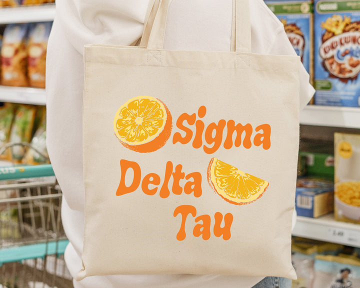 Sigma Delta Tau Oranges Sorority Tote Bag | Sig Delt Canvas Tote Bag | Sorority Merch | Big Little Sorority | College Beach Bag _ 16245g