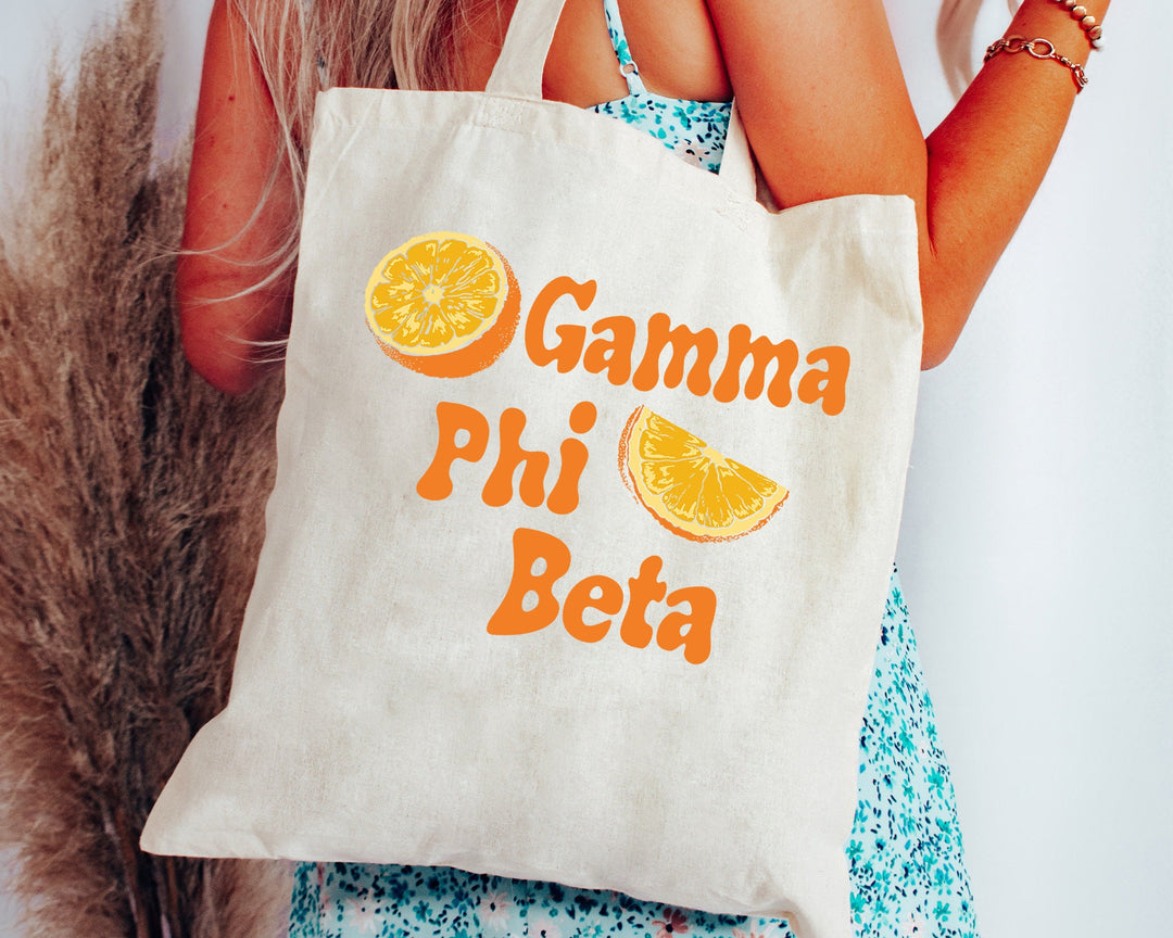 Gamma Phi Beta Oranges Sorority Tote Bag | Gamma Phi Canvas Tote Bag | GPHI Sorority Merch | Big Little Gifts | College Beach Bag _ 16238g