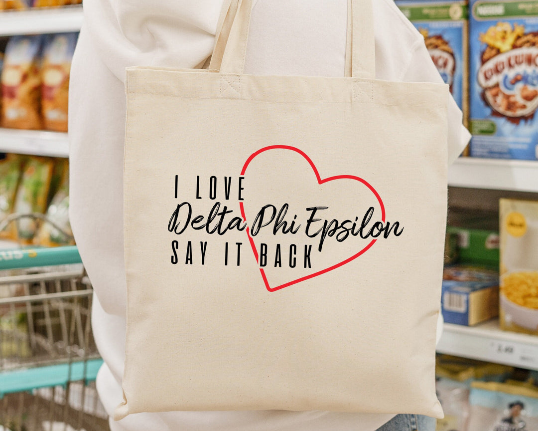 Delta Phi Epsilon Say It Back Sorority Tote Bag | DPHIE Beach Bag | Sorority Merch | Big Little Sorority Bag | Canvas Tote Bag _ 15013g