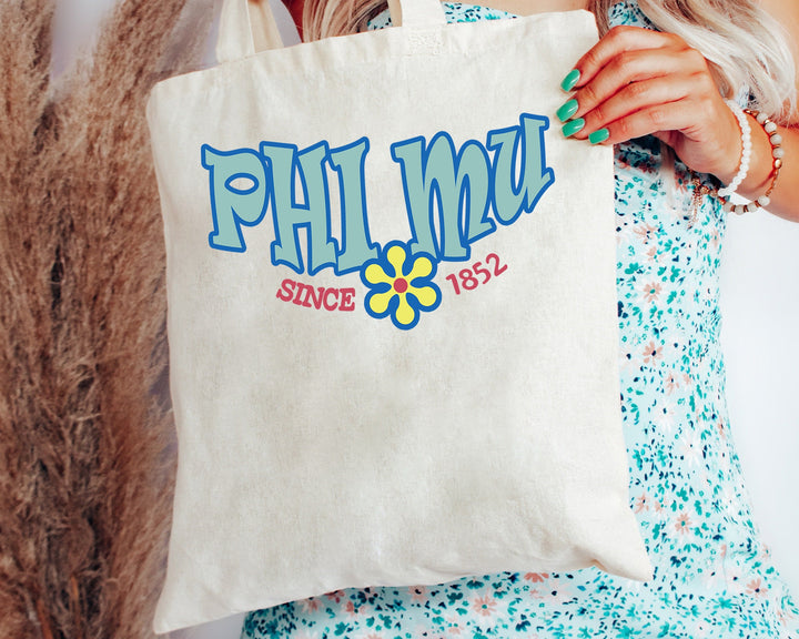 Phi Mu Outlined In Blue Sorority Tote Bag | Phi Mu Beach Bag | College Sorority Laptop Bag | Canvas Tote Bag | Big Little Gift _ 15357g
