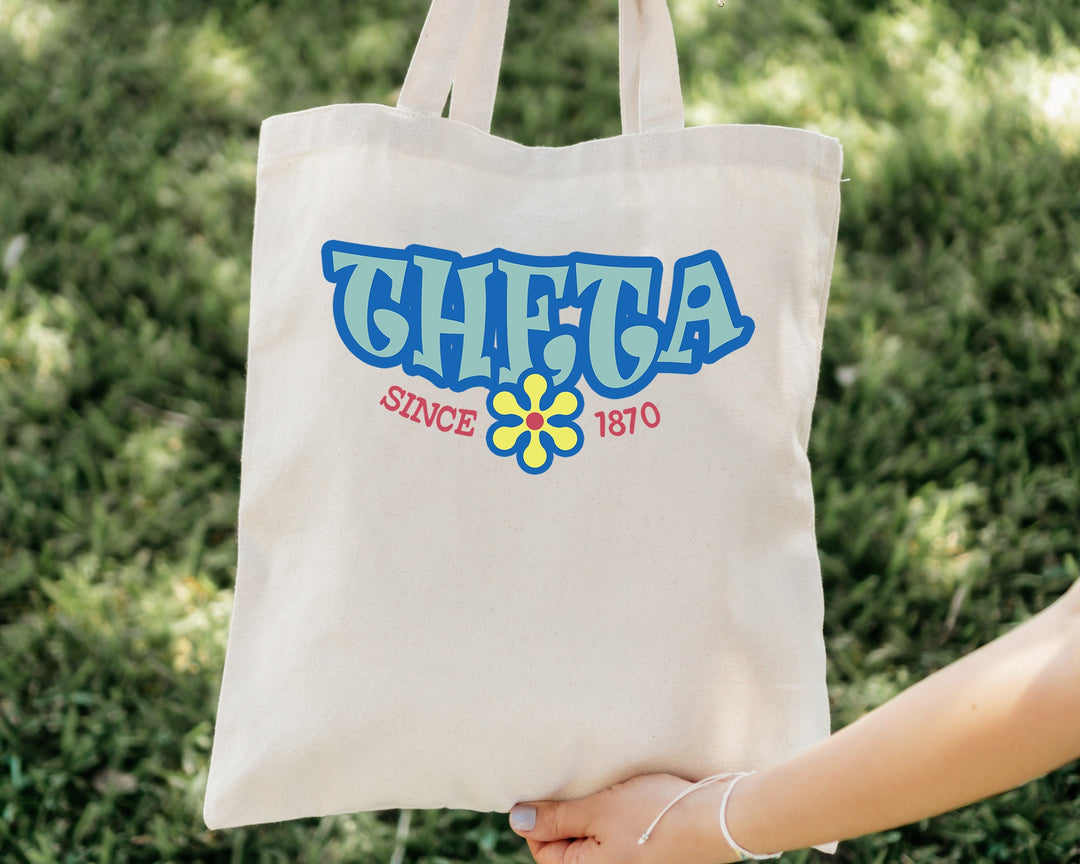 Kappa Alpha Theta Outlined In Blue Sorority Tote Bag | THETA Beach Bag | THETA College Sorority Laptop Bag | Canvas Tote Bag _ 15354g