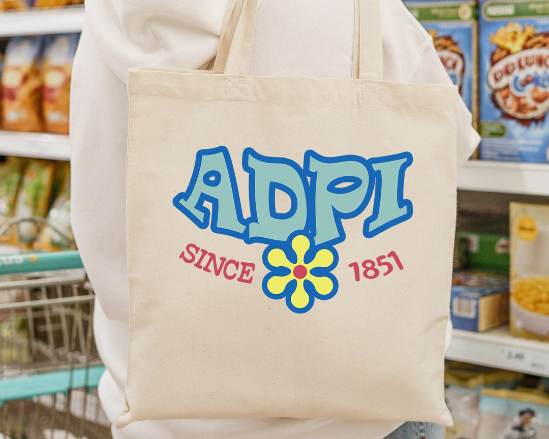 Alpha Delta Pi Outlined In Blue Sorority Tote Bag | ADPI Beach Bag | ADPI College Sorority Laptop Bag | Canvas Tote Bag _ 15340g