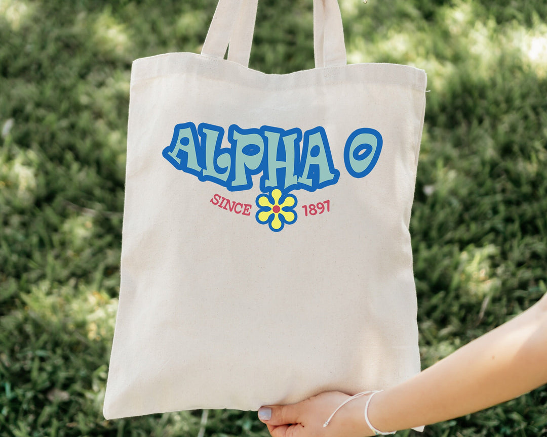 Alpha Omicron Pi Outlined In Blue Sorority Tote Bag | Alpha O Beach Bag | AOPI College Sorority Laptop Bag | Canvas Tote Bag _ 15343g