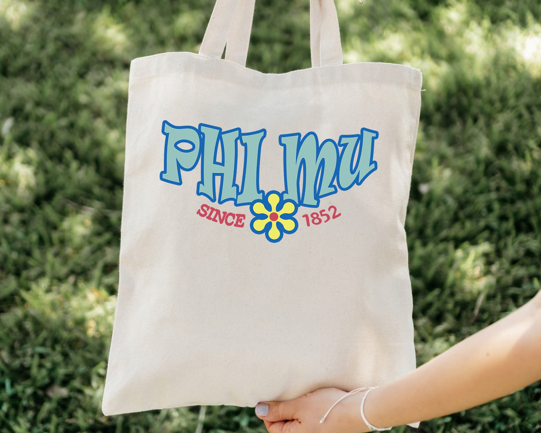 Phi Mu Outlined In Blue Sorority Tote Bag | Phi Mu Beach Bag | College Sorority Laptop Bag | Canvas Tote Bag | Big Little Gift _ 15357g