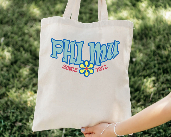 Phi Mu Outlined In Blue Sorority Tote Bag | Phi Mu Beach Bag | College Sorority Laptop Bag | Canvas Tote Bag | Big Little Gift _ 15357g