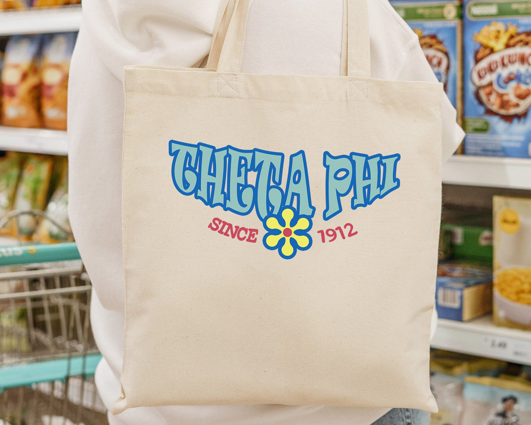 Theta Phi Alpha Outlined In Blue Sorority Tote Bag | Theta Phi Beach Bag | Theta Phi College Sorority Laptop Bag | Canvas Tote Bag _ 15363g