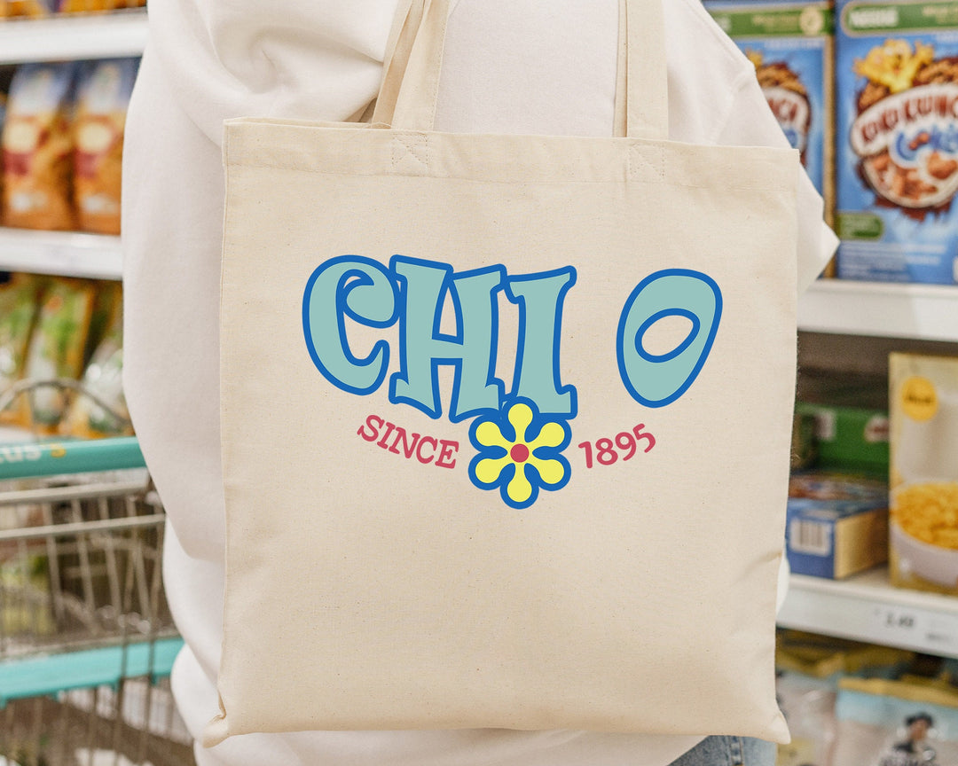 Chi Omega Outlined In Blue Sorority Tote Bag | Chi O Beach Bag | Chi Omega College Sorority Laptop Bag | Canvas Tote Bag _ 15348g