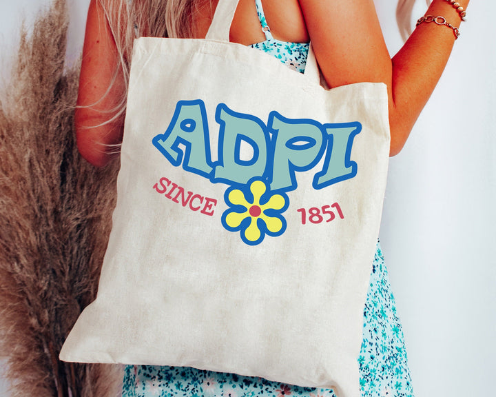 Alpha Delta Pi Outlined In Blue Sorority Tote Bag | ADPI Beach Bag | ADPI College Sorority Laptop Bag | Canvas Tote Bag _ 15340g
