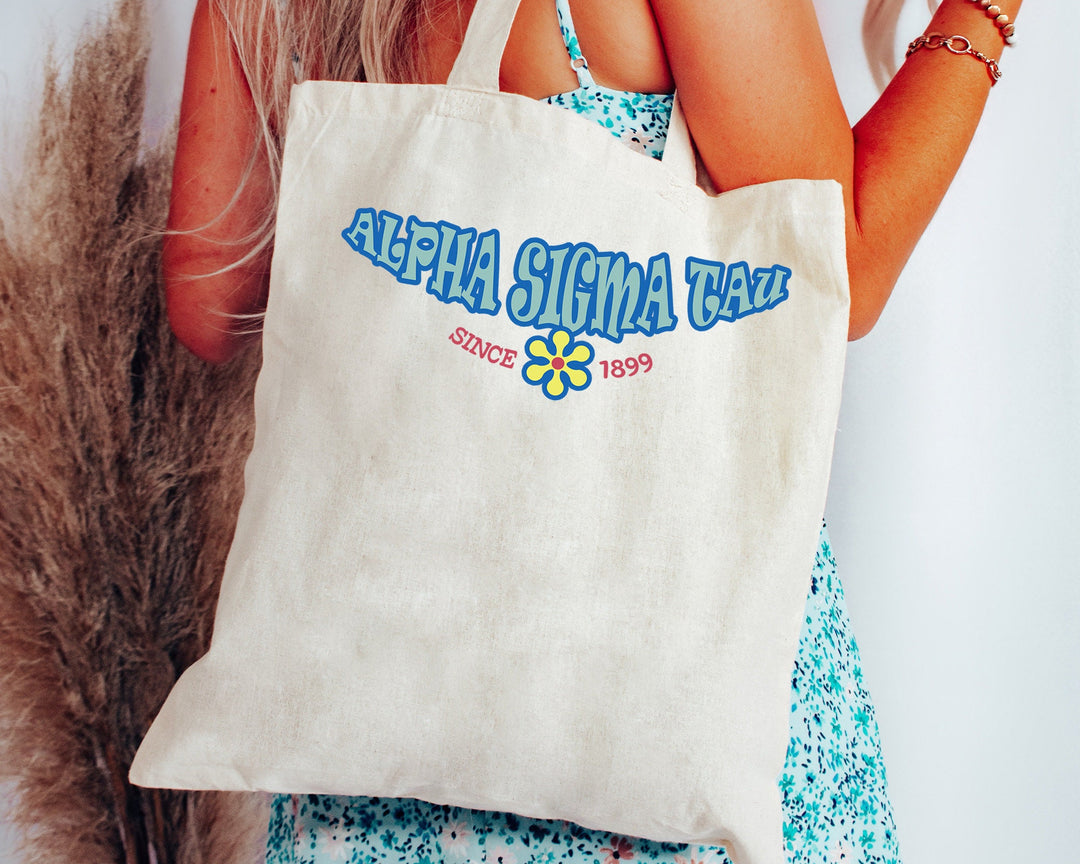 Alpha Sigma Tau Outlined In Blue Sorority Tote Bag | Alpha Sigma Tau Beach Bag | College Sorority Laptop Bag | Canvas Tote Bag _ 15346g