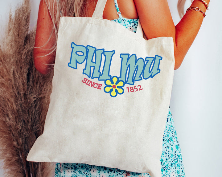 Phi Mu Outlined In Blue Sorority Tote Bag | Phi Mu Beach Bag | College Sorority Laptop Bag | Canvas Tote Bag | Big Little Gift _ 15357g