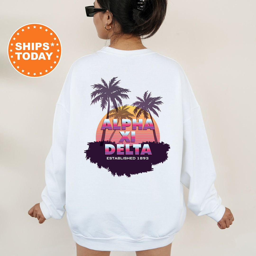 Alpha Xi Delta Palmscape Sorority Sweatshirt | AXID Beach Hoodies | Sorority Apparel | Big Little Reveal Gift | Greek Sweatshirt _  14182g
