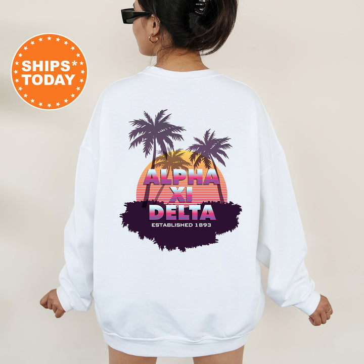 Alpha Xi Delta Palmscape Sorority Sweatshirt | AXID Beach Hoodies | Sorority Apparel | Big Little Reveal Gift | Greek Sweatshirt _  14182g