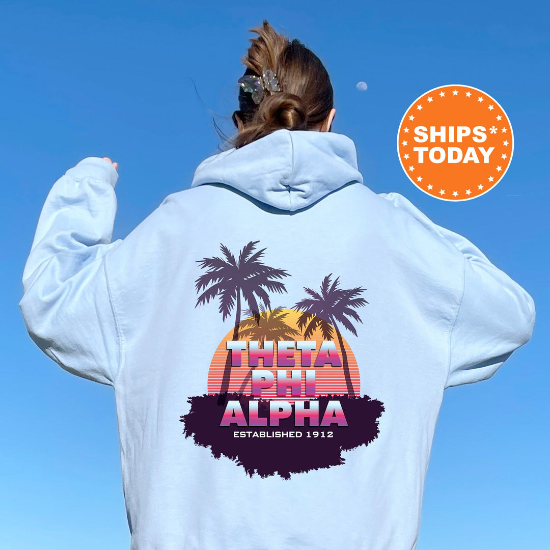 Theta Phi Alpha Palmscape Sorority Sweatshirt | Theta Phi Beach Hoodies | Sorority Apparel | Big Little Reveal | Greek Sweatshirt _  14198g