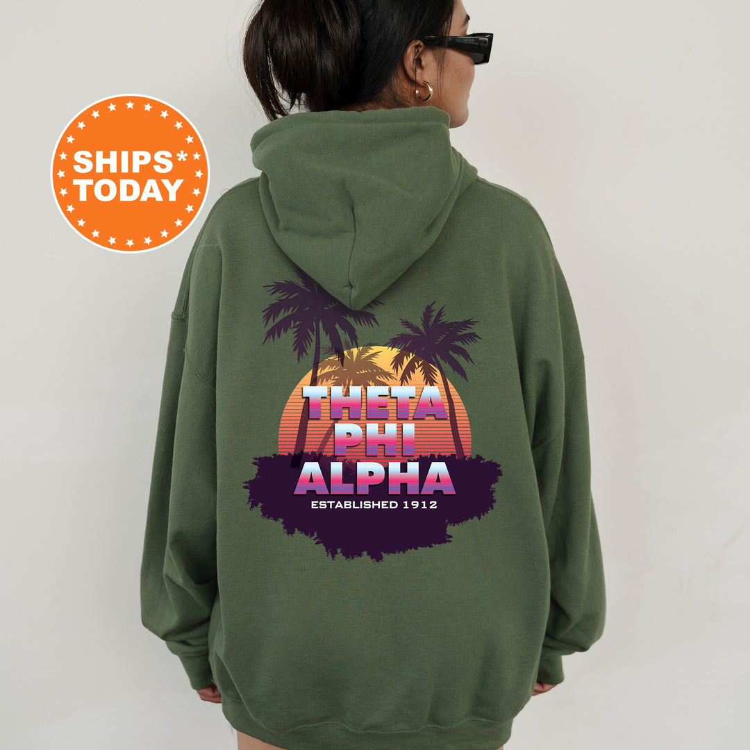 Theta Phi Alpha Palmscape Sorority Sweatshirt | Theta Phi Beach Hoodies | Sorority Apparel | Big Little Reveal | Greek Sweatshirt _  14198g