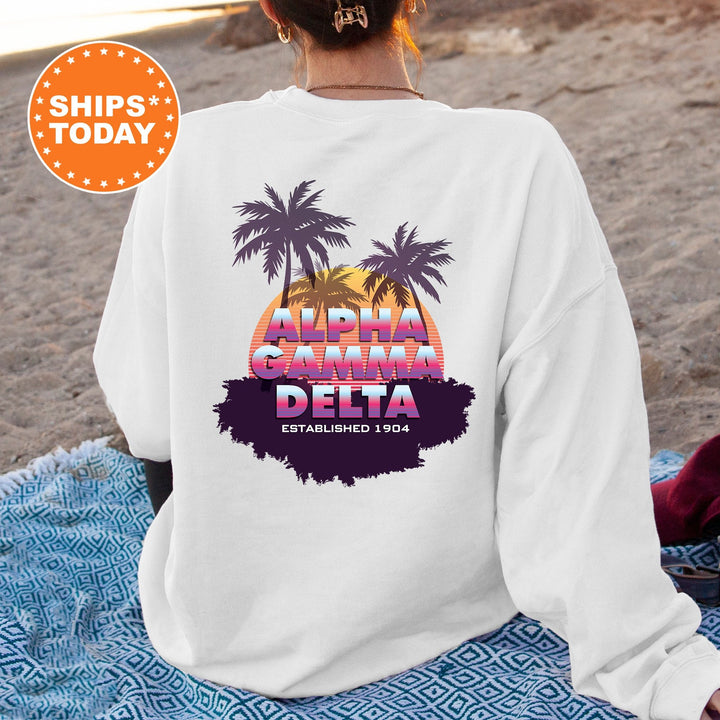 Alpha Gamma Delta Palmscape Sorority Sweatshirt | Alpha Gam Beach Hoodies | Sorority Apparel | Big Little Gift | Greek Sweatshirt _  14177g