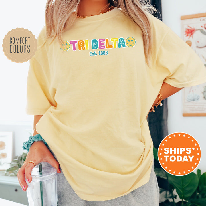 Delta Delta Delta Sunny Sorority T-Shirt | Tri Delta Comfort Colors Shirt | Big Little Family | Sorority Gifts | Smiley Face Shirt _ 16831g