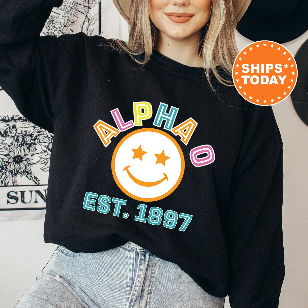 Alpha Omicron Pi Cheerful Sorority Sweatshirt | Alpha O Sorority Merch | Big Little Gift | Greek Sweatshirt | Custom Greek Apparel _ 16851g