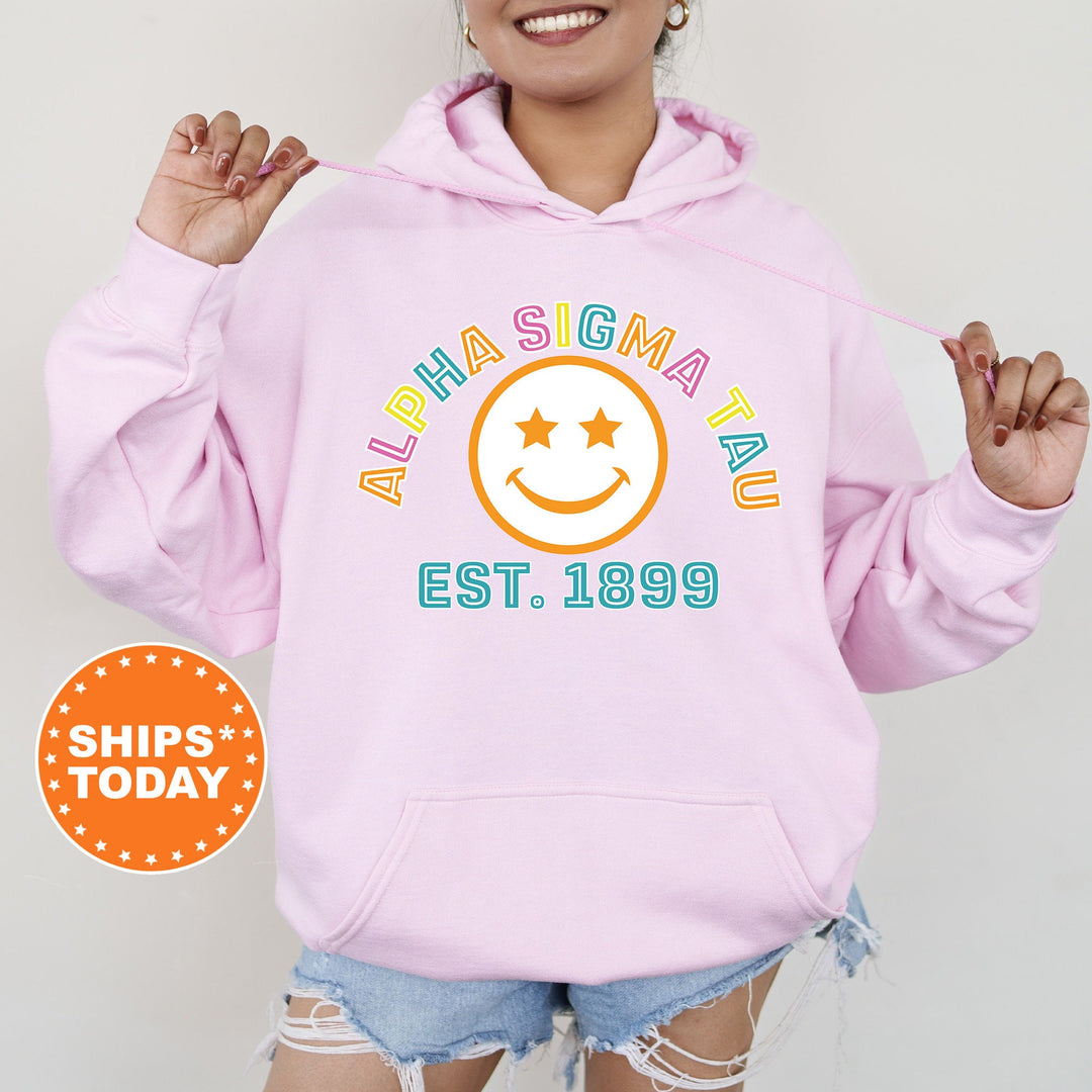 Alpha Sigma Tau Cheerful Sorority Sweatshirt | Sorority Merch | Big Little Reveal Gift | Greek Sweatshirt | Custom Greek Apparel _ 16854g