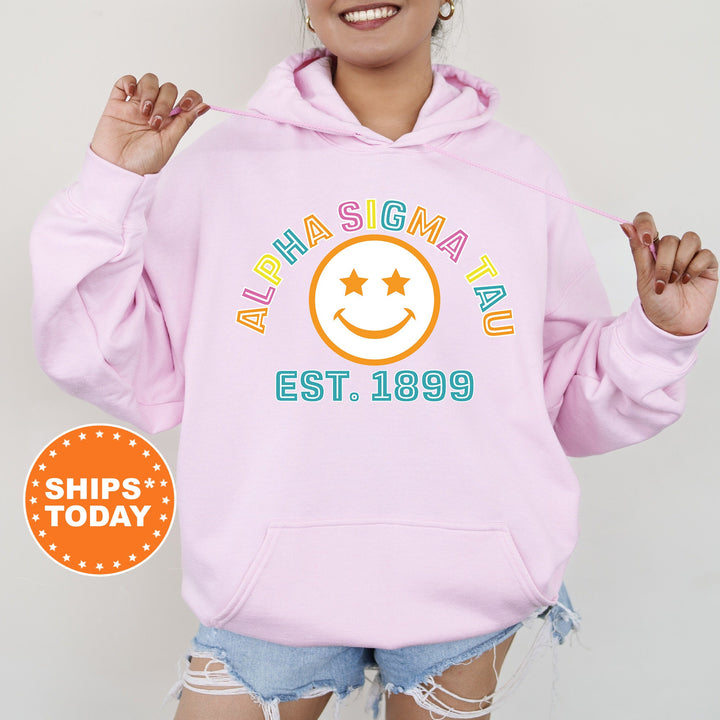 Alpha Sigma Tau Cheerful Sorority Sweatshirt | Sorority Merch | Big Little Reveal Gift | Greek Sweatshirt | Custom Greek Apparel _ 16854g
