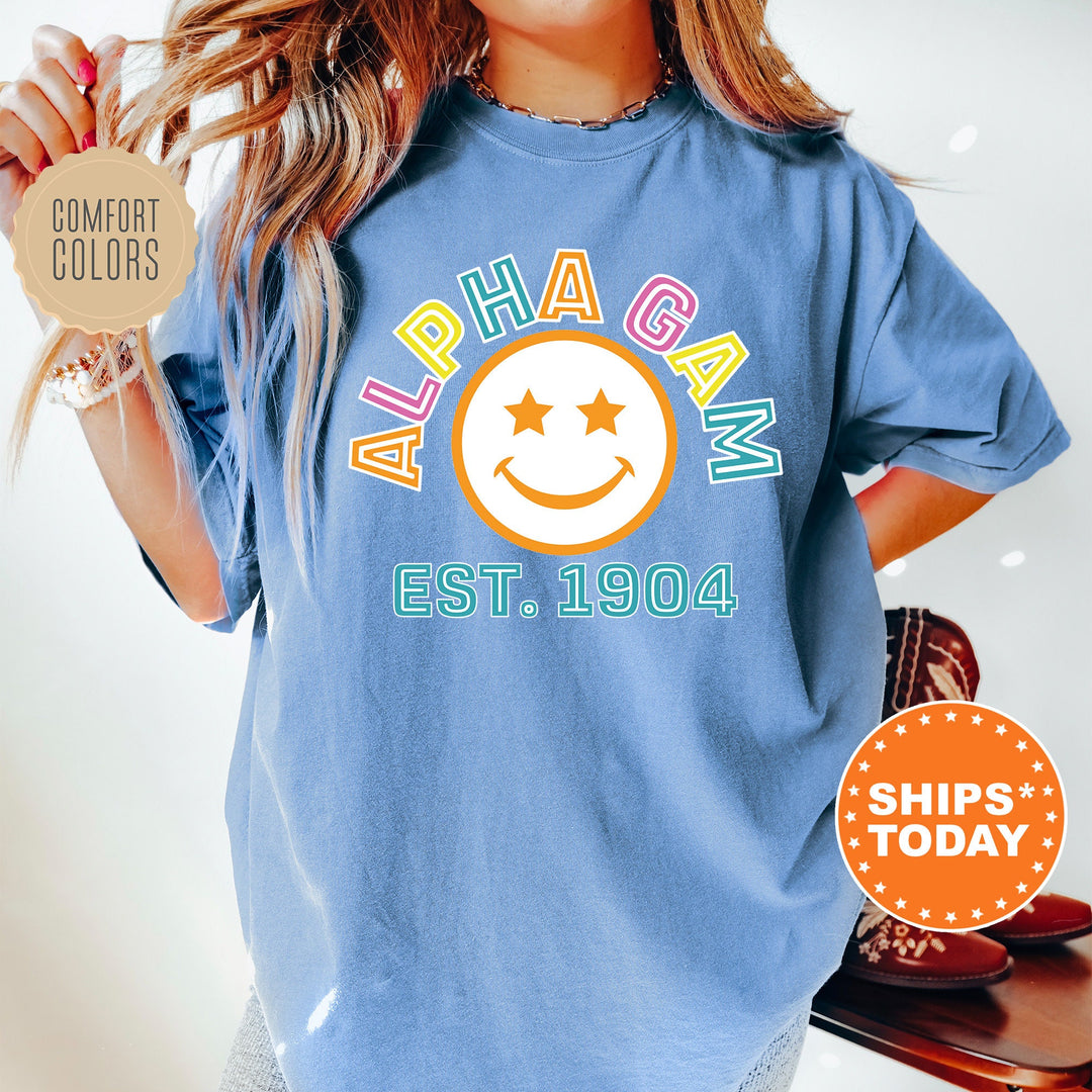 Alpha Gamma Delta Cheerful Sorority T-Shirt | Alpha Gam Comfort Colors Shirt | Smiley Shirt | Big Little | Preppy Sorority Shirt _ 16850g