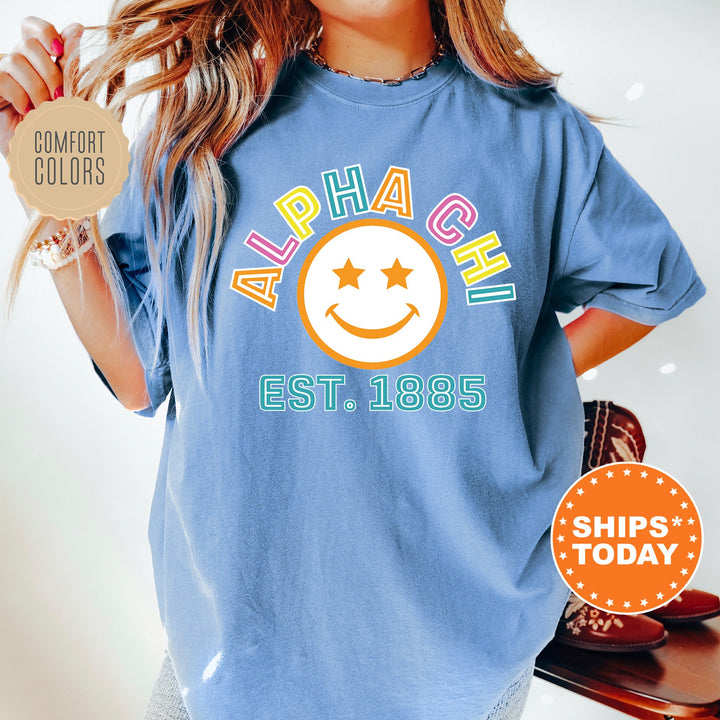 Alpha Chi Omega Cheerful Sorority T-Shirt | Alpha Chi Comfort Colors Shirt | AXO Smiley Shirt | Big Little | Preppy Sorority Shirt _ 16847g