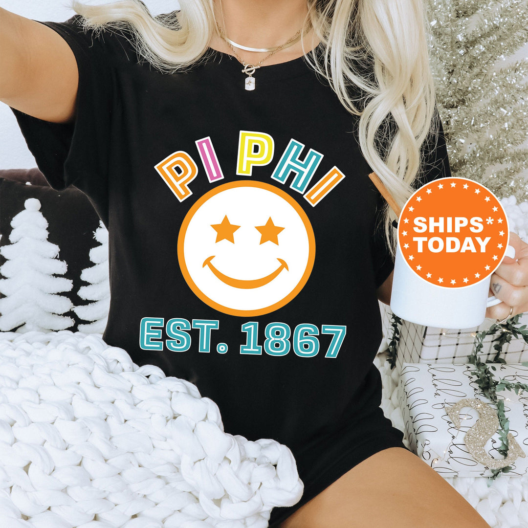 Pi Beta Phi Cheerful Sorority T-Shirt | Pi Phi Comfort Colors Shirt | Pi Beta Phi Smiley Shirt | Big Little | Preppy Sorority Shirt _ 16867g