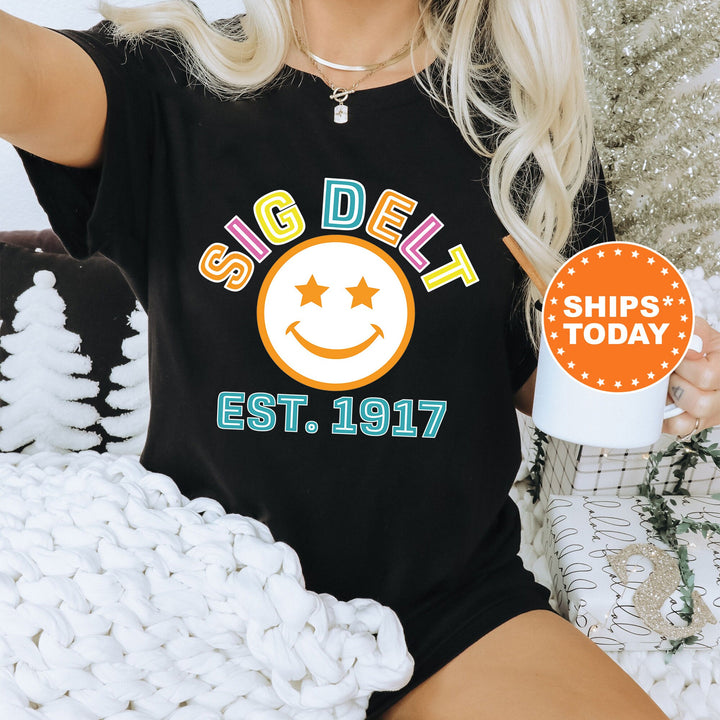 Sigma Delta Tau Cheerful Sorority T-Shirt | Sig Delt Comfort Colors Shirt | Smiley Shirt | Big Little Gift | Preppy Sorority Shirt _ 16868g
