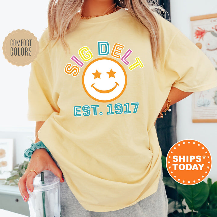 Sigma Delta Tau Cheerful Sorority T-Shirt | Sig Delt Comfort Colors Shirt | Smiley Shirt | Big Little Gift | Preppy Sorority Shirt _ 16868g