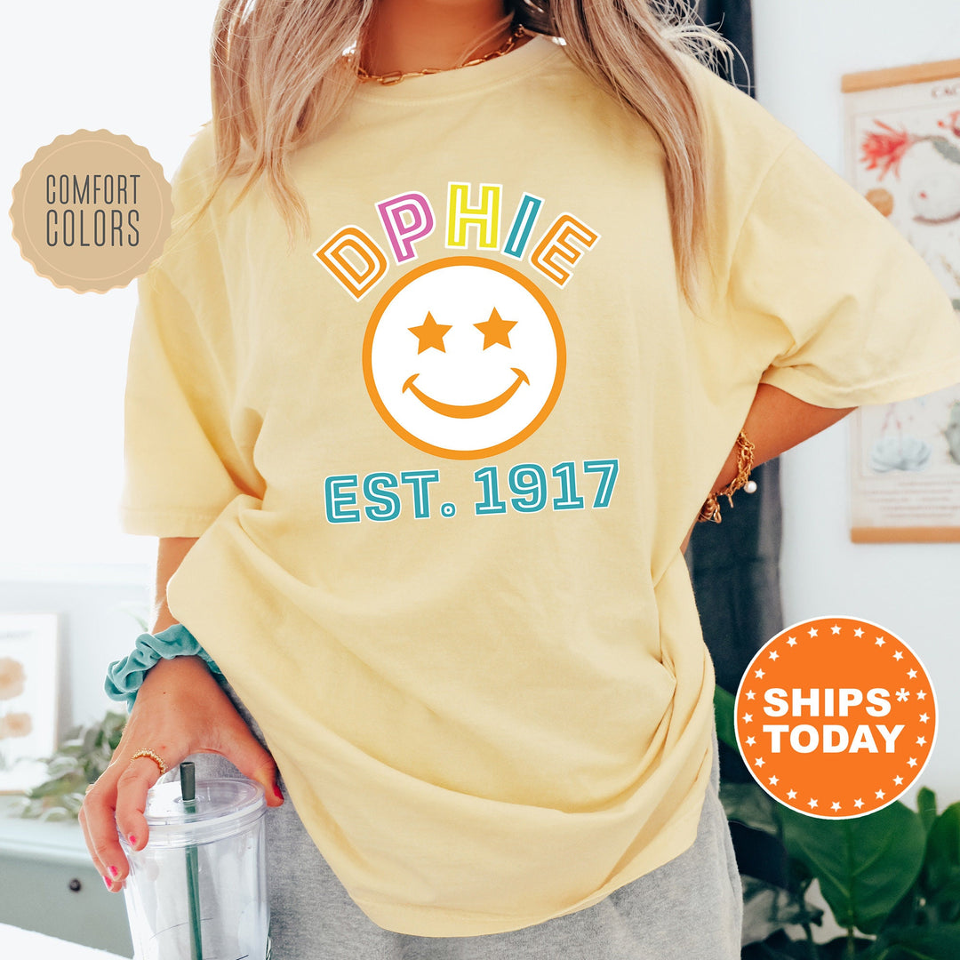 Delta Phi Epsilon Cheerful Sorority T-Shirt | DPHIE Comfort Colors Shirt | Smiley Shirt | Big Little Gift | Preppy Sorority Shirt _ 16859g