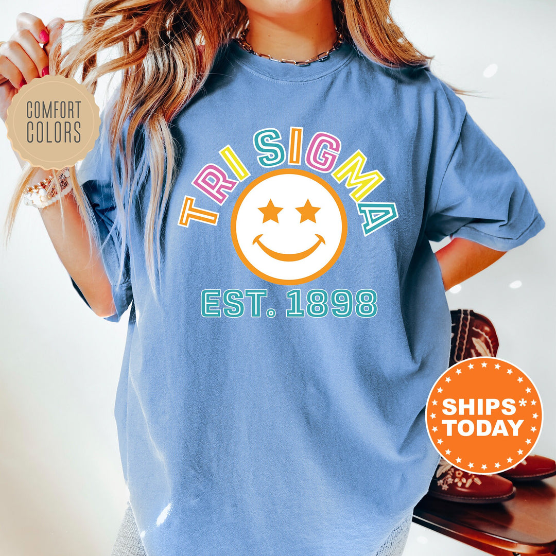 Sigma Sigma Sigma Cheerful Sorority T-Shirt | Tri Sigma Comfort Colors Shirt | Smiley Shirt | Big Little | Preppy Sorority Shirt _ 16870g