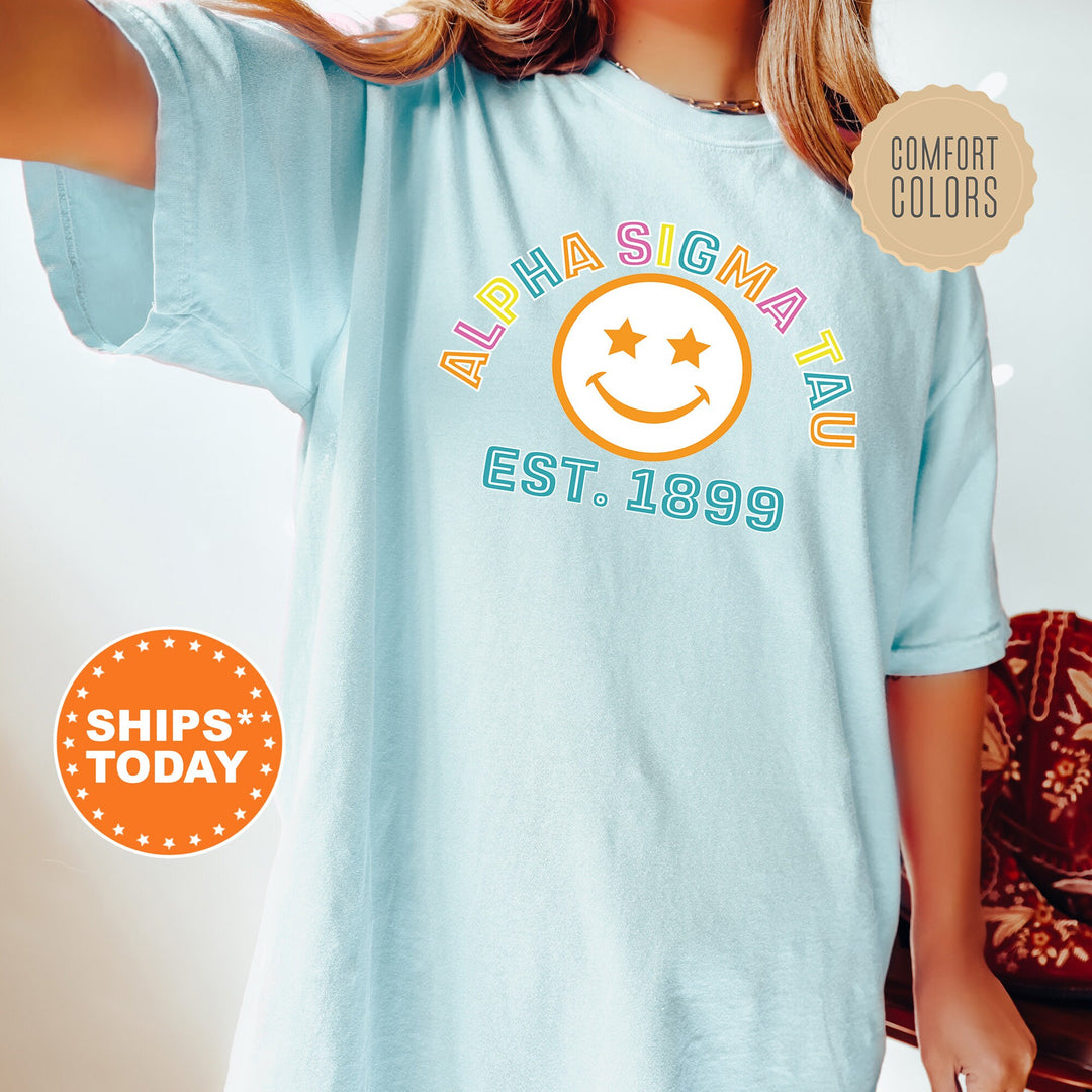 Alpha Sigma Tau Cheerful Sorority T-Shirt | Comfort Colors Shirt | Smiley Shirt | Big Little Reveal Gift | Preppy Sorority Shirt _ 16854g