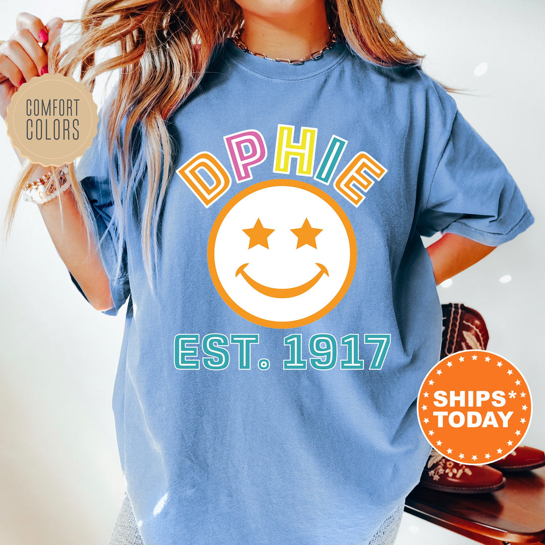 Delta Phi Epsilon Cheerful Sorority T-Shirt | DPHIE Comfort Colors Shirt | Smiley Shirt | Big Little Gift | Preppy Sorority Shirt _ 16859g
