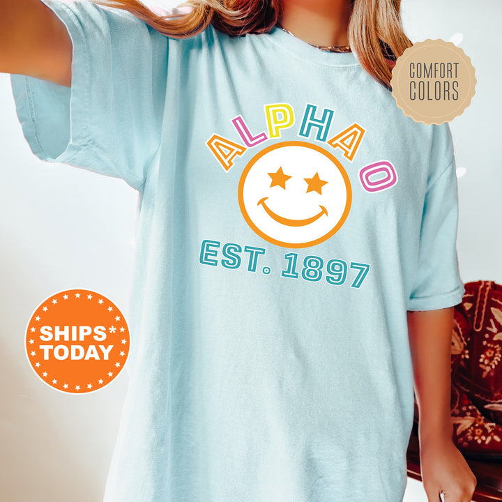 Alpha Omicron Pi Cheerful Sorority T-Shirt | Alpha O Comfort Colors Shirt | Smiley Shirt | Big Little Gift | Preppy Sorority Shirt _ 16851g