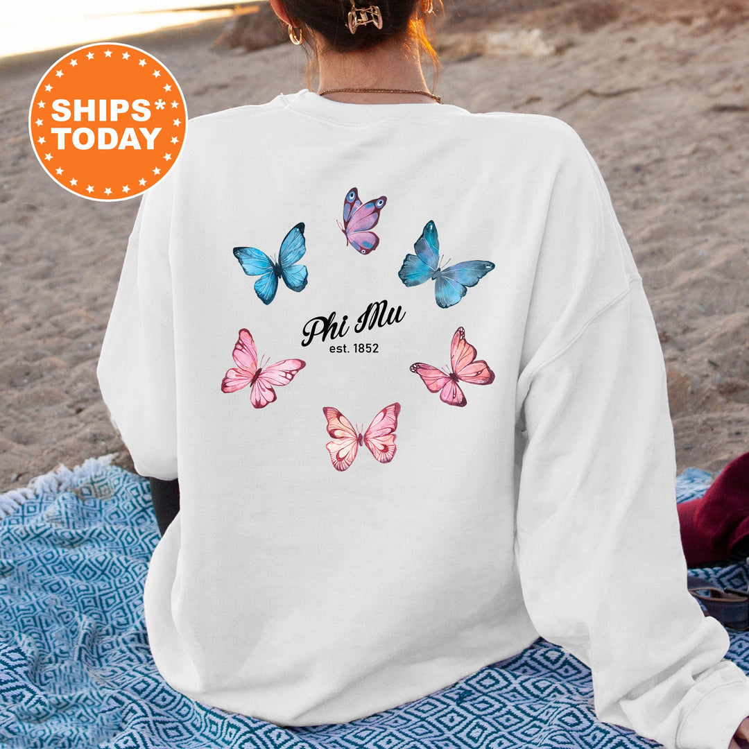 Phi Mu Fancy Butterfly Sorority Sweatshirt | Phi Mu Sorority Apparel | Big Little Basket | Sorority Gifts | College Sweatshirt _ 13442g