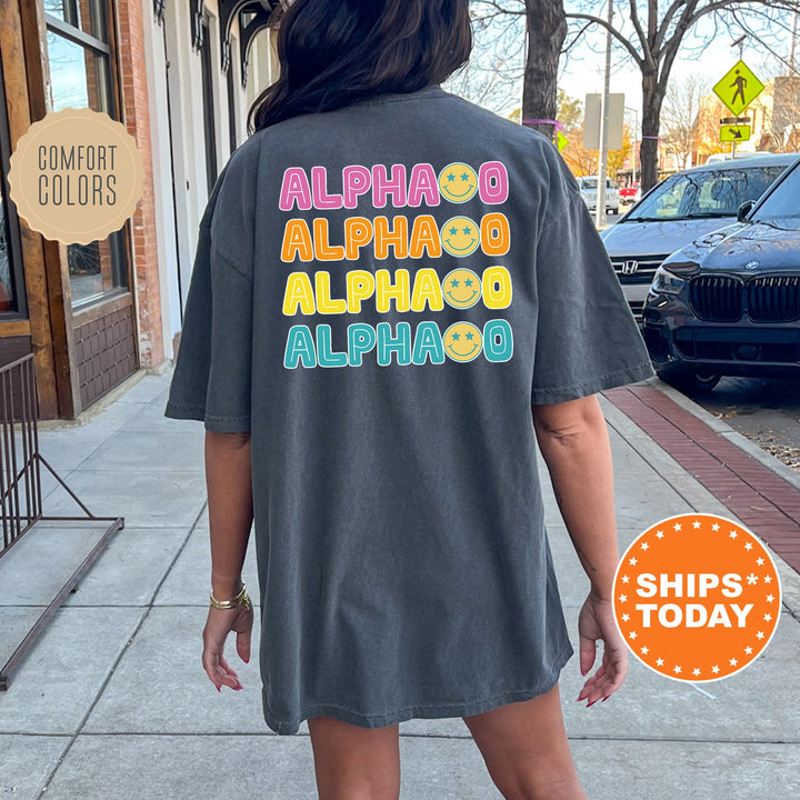 Alpha Omicron Pi Colorful Smiley Sorority T-Shirt | Alpha O Comfort Colors Shirt | Big Little Basket | Sorority Merch | Greek Life Shirt _ 13792g