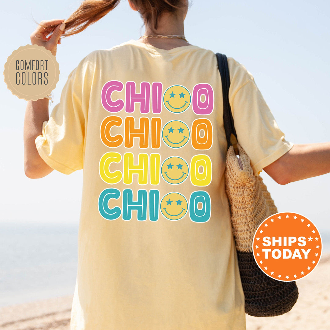 Chi Omega Colorful Smiley Sorority T-Shirt | Chi O Comfort Colors Shirt | Big Little Basket | Sorority Merch | Greek Apparel | Bid Day _ 13797g