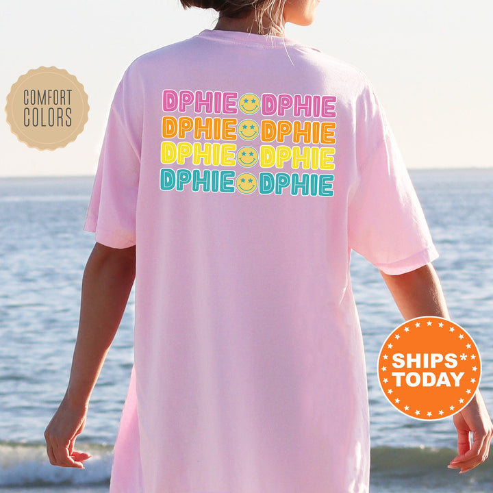 Delta Phi Epsilon Colorful Smiley Sorority T-Shirt | DPHIE Comfort Colors Shirt | Big Little Basket | Sorority Merch | Greek Life Shirt _ 13800g