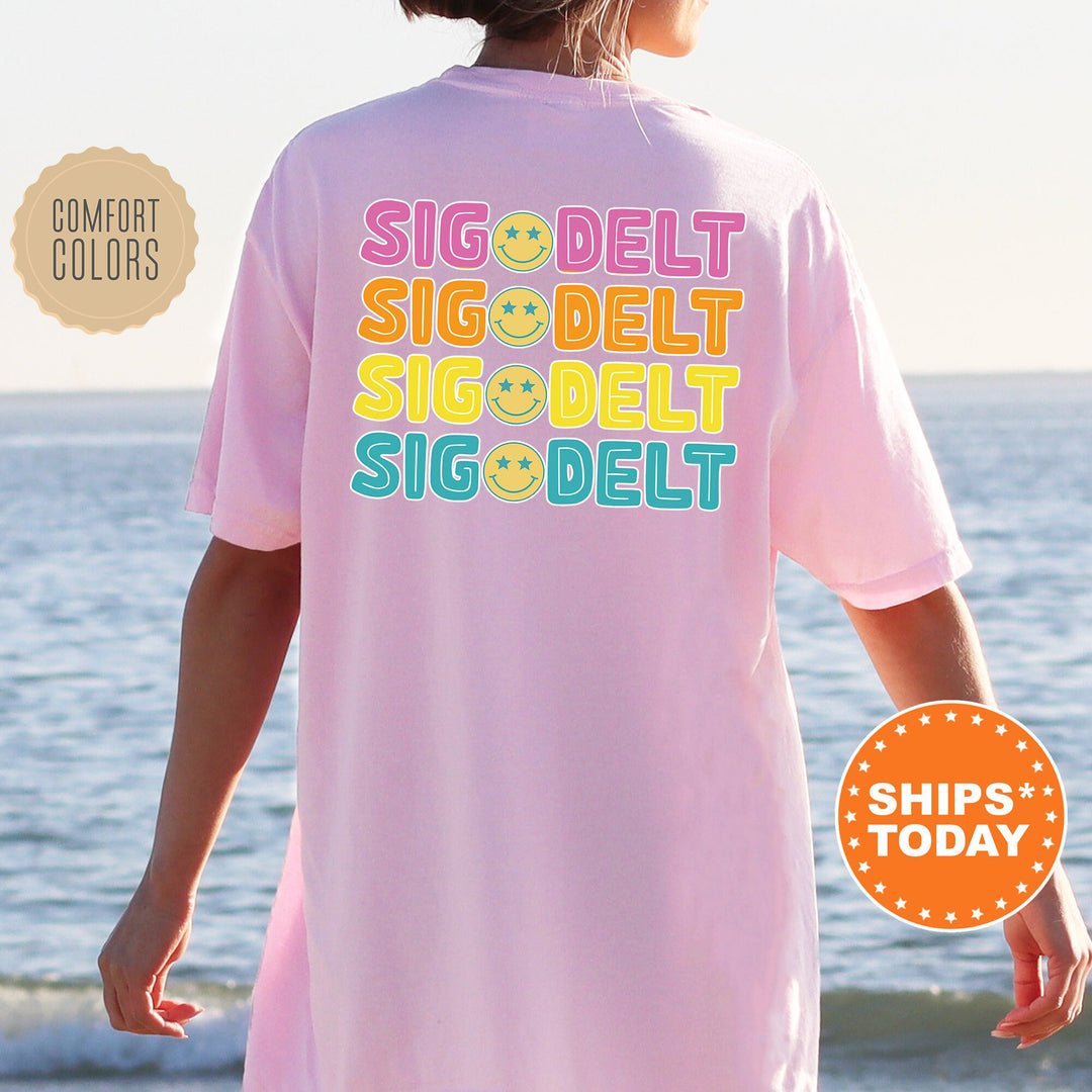 Sigma Delta Tau Colorful Smiley Sorority T-Shirt | Sig Delt Comfort Colors Shirt | Big Little Basket | Sorority Merch | Greek Life Shirt _ 13809g