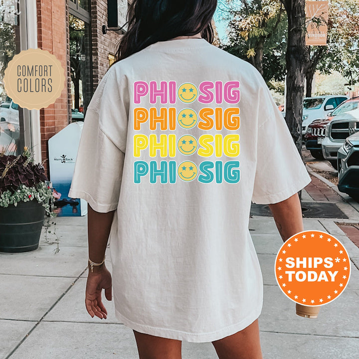 Phi Sigma Sigma Colorful Smiley Sorority T-Shirt | Phi Sig Comfort Colors Shirt | Big Little Basket | Sorority Merch | Greek Life Shirt _ 13807g