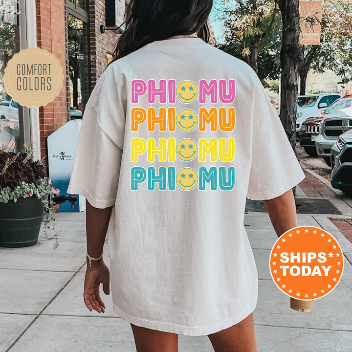 Phi Mu Colorful Smiley Sorority T-Shirt | Phi Mu Comfort Colors Shirt | Big Little Reveal Basket | Sorority Merch | Greek Apparel _ 13806g