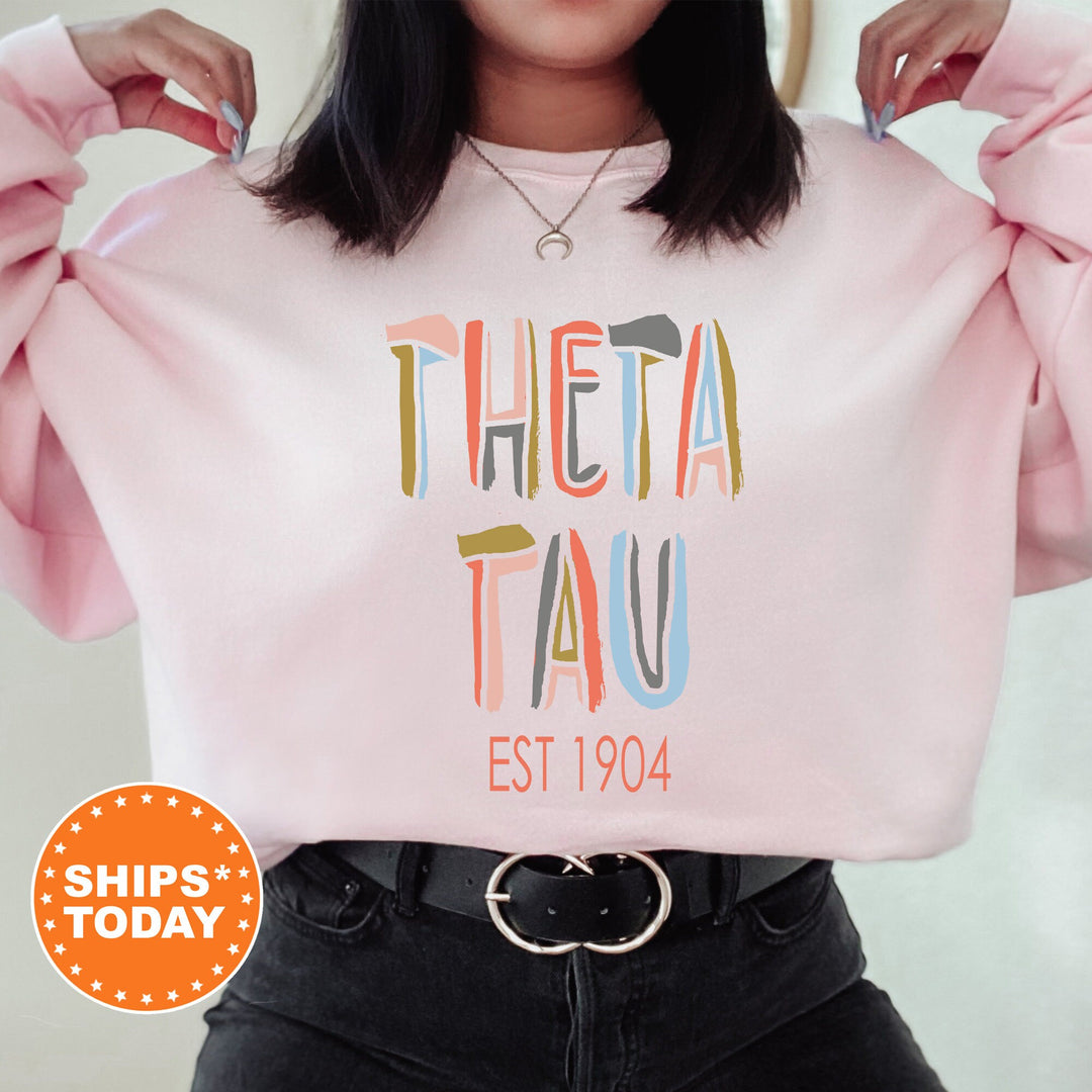 Theta Tau Pastel Stencil Coed Sweatshirt | Theta Tau Sweatshirt | Engineering Fraternity | College Greek Apparel | Coed Fraternity  _ 8845g
