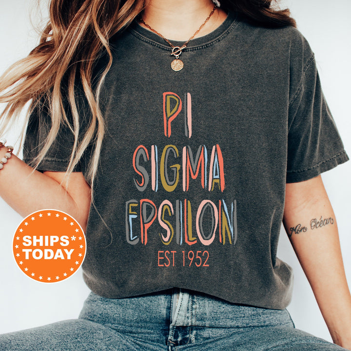 Pi Sigma Epsilon Pastel Stencil Coed T-Shirt | PSE Comfort Colors Shirt | Bid Day Gift | Custom Greek Apparel | Honor Society Shirt  _ 8843g