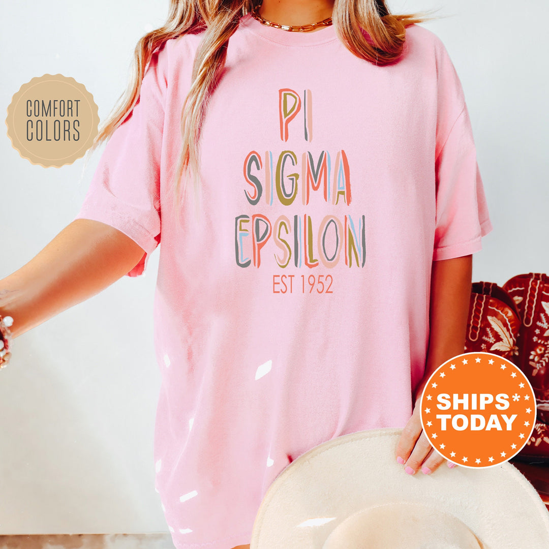 Pi Sigma Epsilon Pastel Stencil Coed T-Shirt | PSE Comfort Colors Shirt | Bid Day Gift | Custom Greek Apparel | Honor Society Shirt  _ 8843g