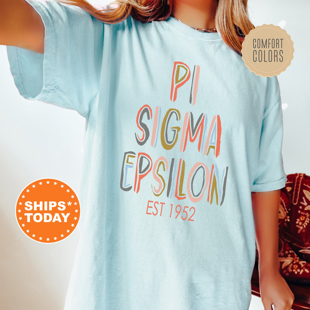 Pi Sigma Epsilon Pastel Stencil Coed T-Shirt | PSE Comfort Colors Shirt | Bid Day Gift | Custom Greek Apparel | Honor Society Shirt  _ 8843g
