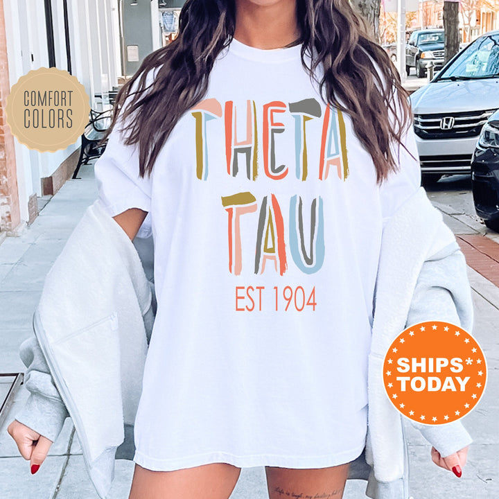 Theta Tau Pastel Stencil Coed T-Shirt | Theta Tau Comfort Colors Shirt | Bid Day Gift | Custom Greek Apparel | Honor Society Shirt _ 8845g