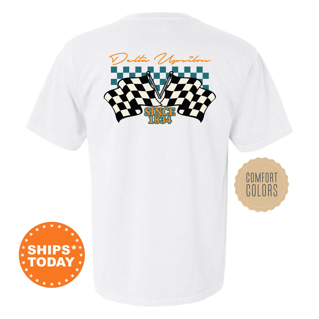 Delta Upsilon Race Banner Fraternity T-Shirt | DU Comfort Colors Tees | Bid Day Gift | Rush Pledge Shirt | Custom Greek Apparel _ 11928g