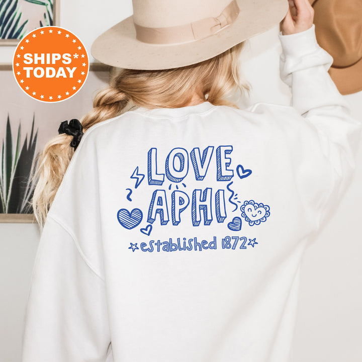 Alpha Phi Drawscape Sorority Sweatshirt | APHI Doodle Font Sorority Crewneck  | Big Little Reveal Gifts | Trendy Sorority Hoodie