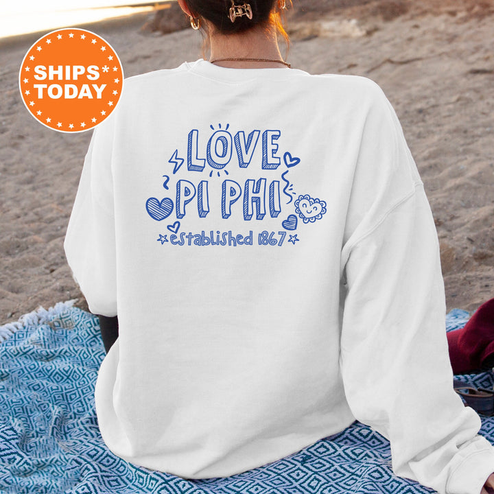 Pi Beta Phi Drawscape Sorority Sweatshirt | Pi Phi Doodle Font Sorority Crewneck | Big Little Reveal Gifts | Trendy Sorority Hoodie